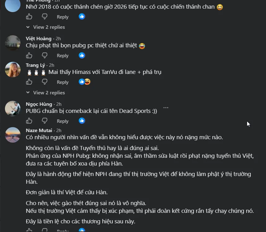 Vietnamese community comments reflect the continuing reaction to the PUBG Asia Stars dispute.