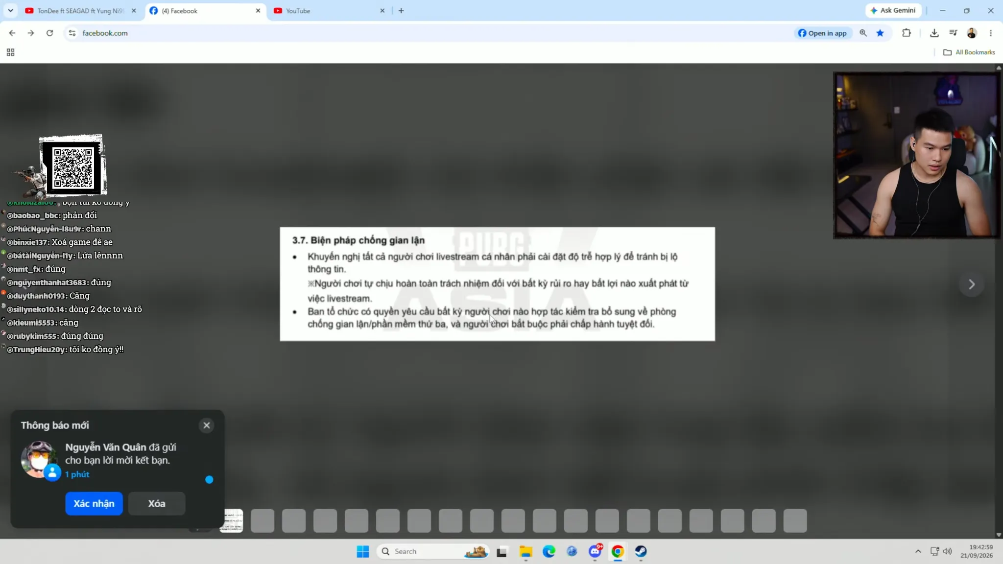 A livestream screen shows an anti-cheating rule excerpt and community chat during the dispute.