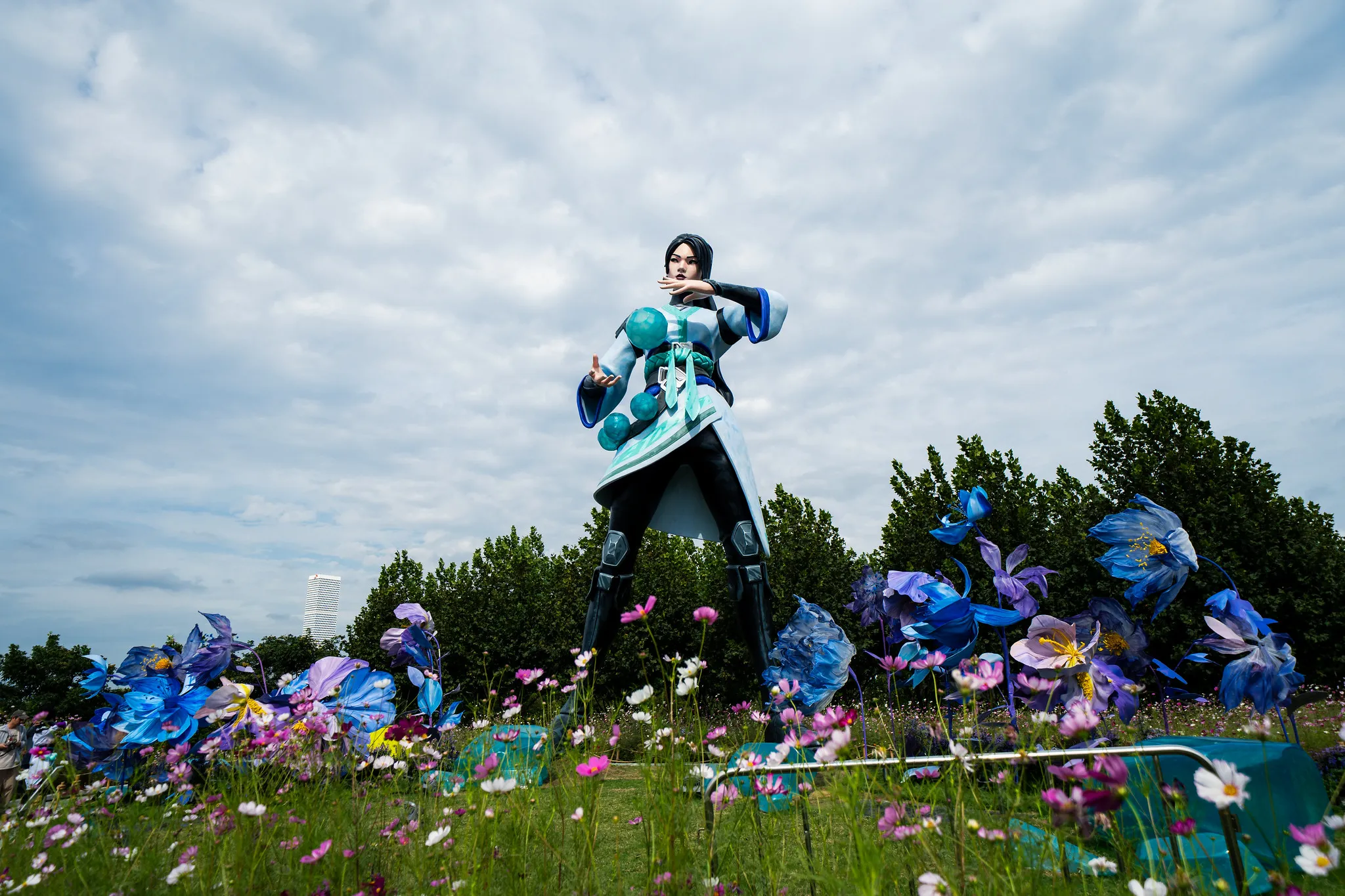 VALORANT character display among flowers at the Shanghai event.
